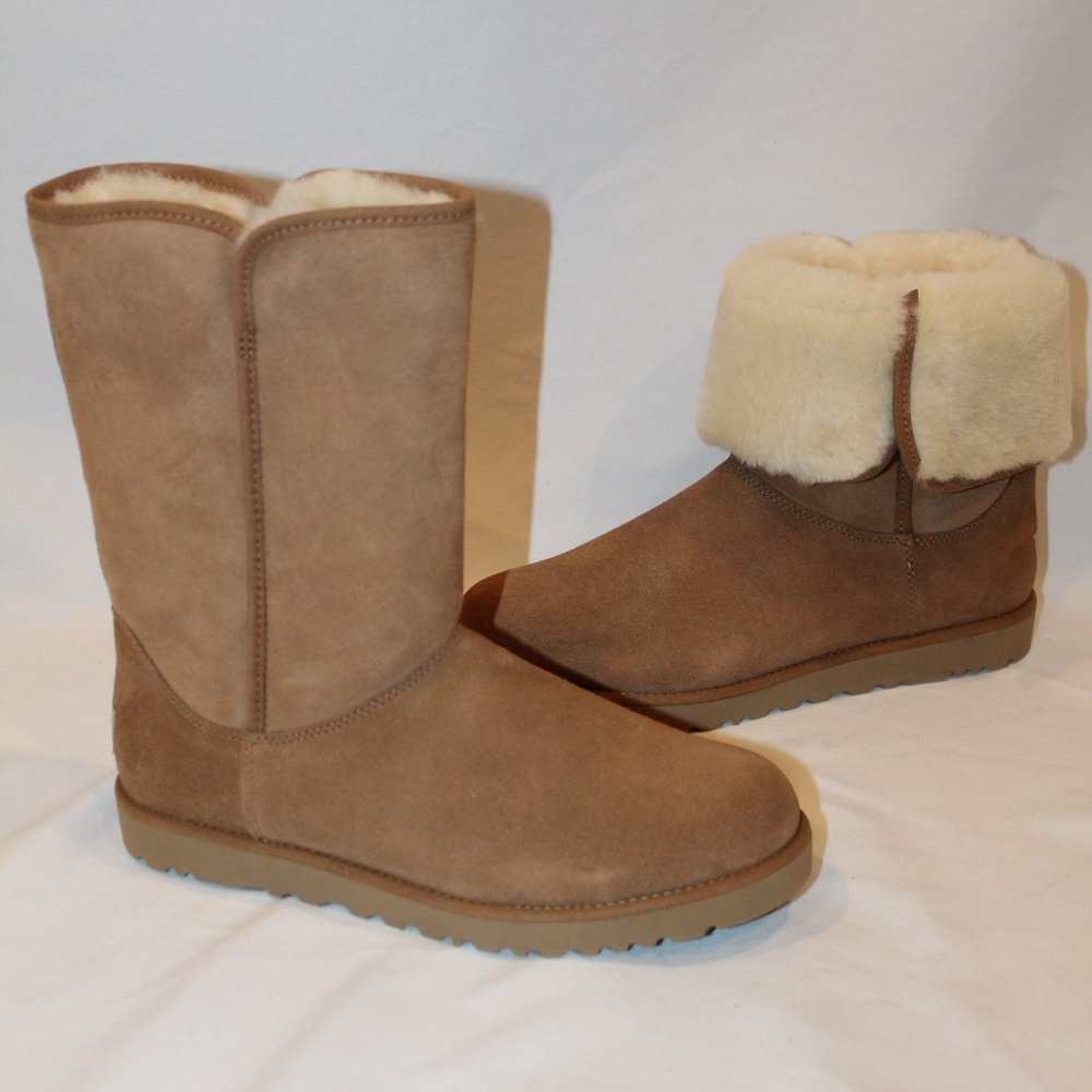 NEW UGG WOMEN'S CLASSIC‎ SHORT MICHELE SUEDE SHEARLING LINED CHESTNUT BOOTS